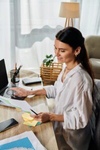Professional woman managing business operations at home office desk