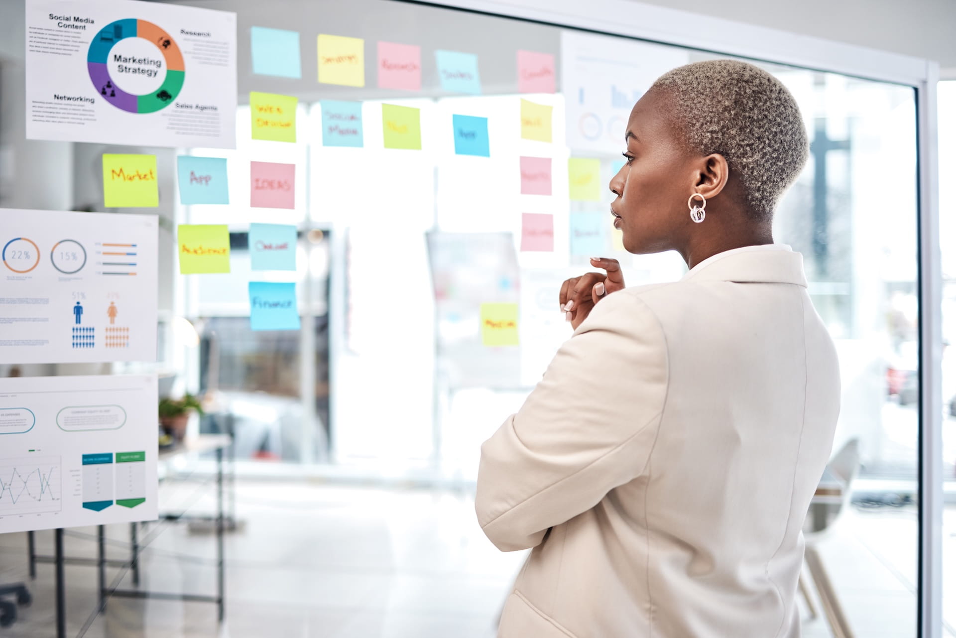 Option 1 (Direct): "Professional woman strategizing about delegating tasks to virtual assistants versus functions