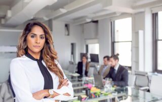 Business executive reviewing flexible social media management solutions in corporate office