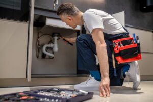 Professional plumber in work uniform kneeling on floor repairing pipes under kitchen sink with toolbox and wrench