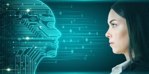 AI vs virtual assistants concept showing professional woman with digital circuit board overlay representing human expertise enhanced by artificial intelligence