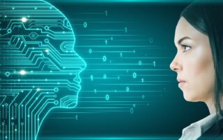 AI vs virtual assistants concept showing professional woman with digital circuit board overlay representing human expertise enhanced by artificial intelligence