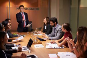 business consultant leading meeting