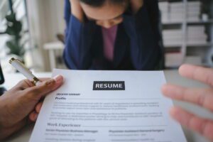 Business leader reviewing a resume, overwhelmed by the virtual assistant hiring process